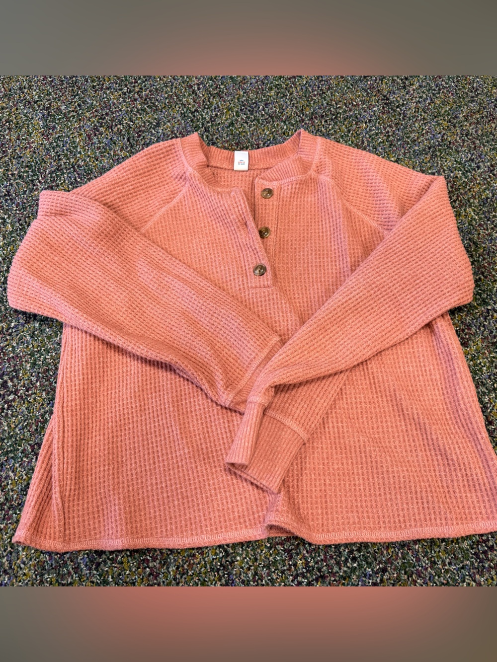 Waffle-Knit Salmon colored Button-Front Women’s Sweater